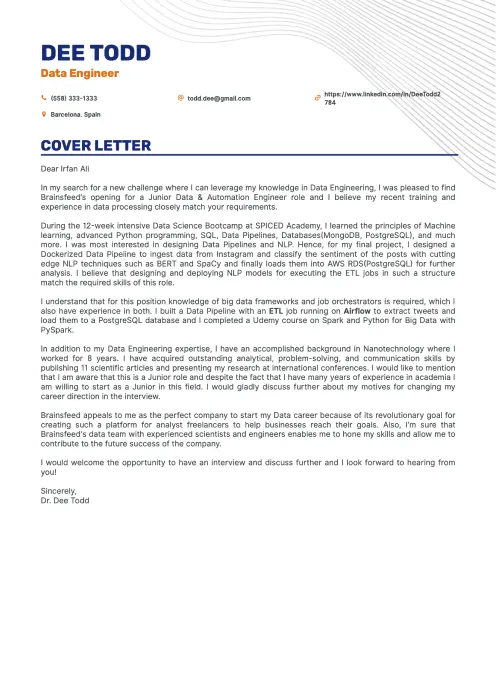 Data Engineer cover letter example