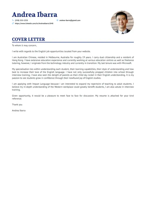 English Teacher cover letter example