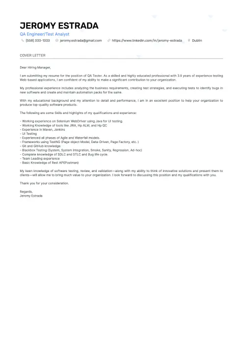 QA Engineer cover letter template