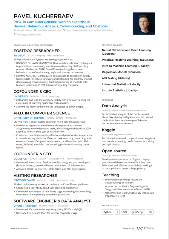 Enhancv CV på en sida: 3 exempel som visar hur effektivt det är one page resume