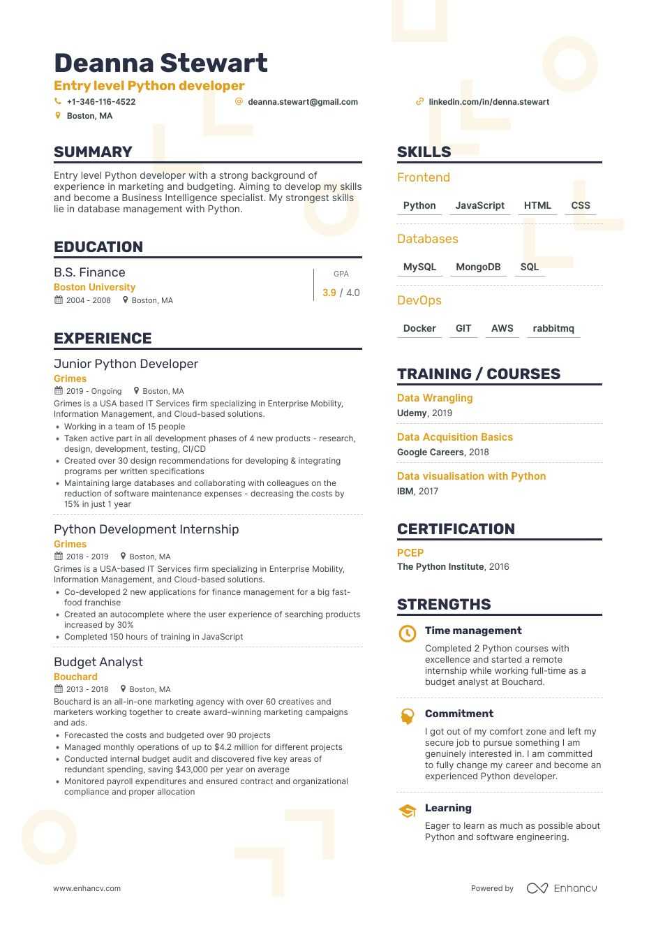 Entry level Python developer resume