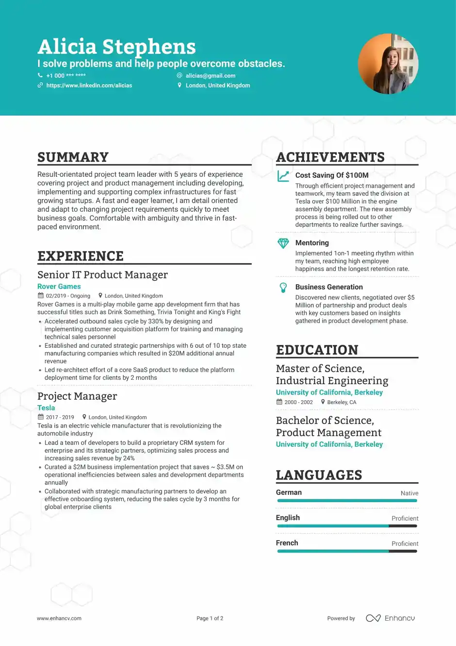 Enhancv CV Template Example - Creative - 1