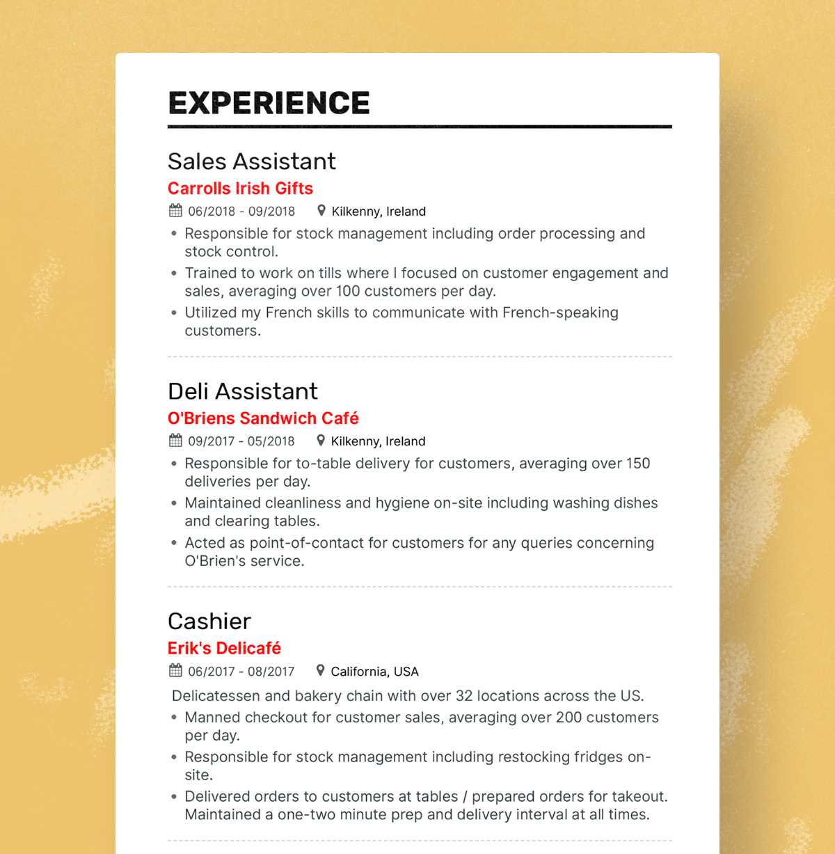 Retail resume experience section