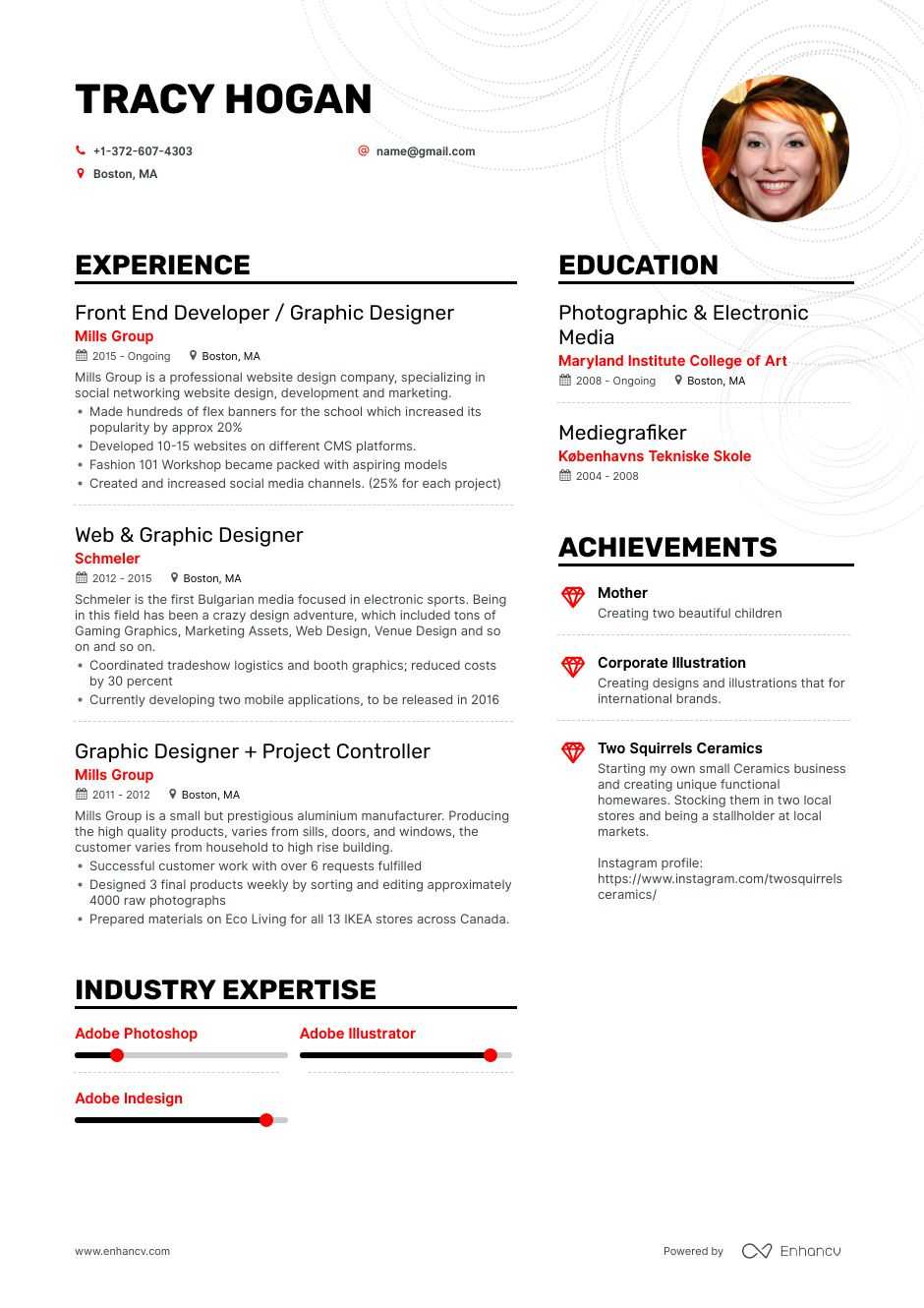 Резюме фрилансера. Резюме дизайнера. Шаблон резюме дизайнера. Resume graphic Designer example. Enhancv — конструктор-дизайнер резюме.