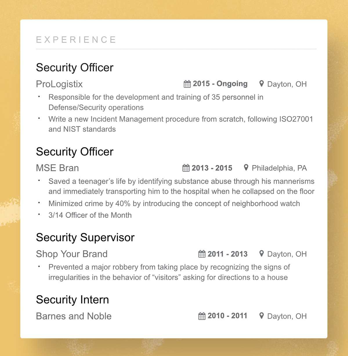 Security Officer resume experience example