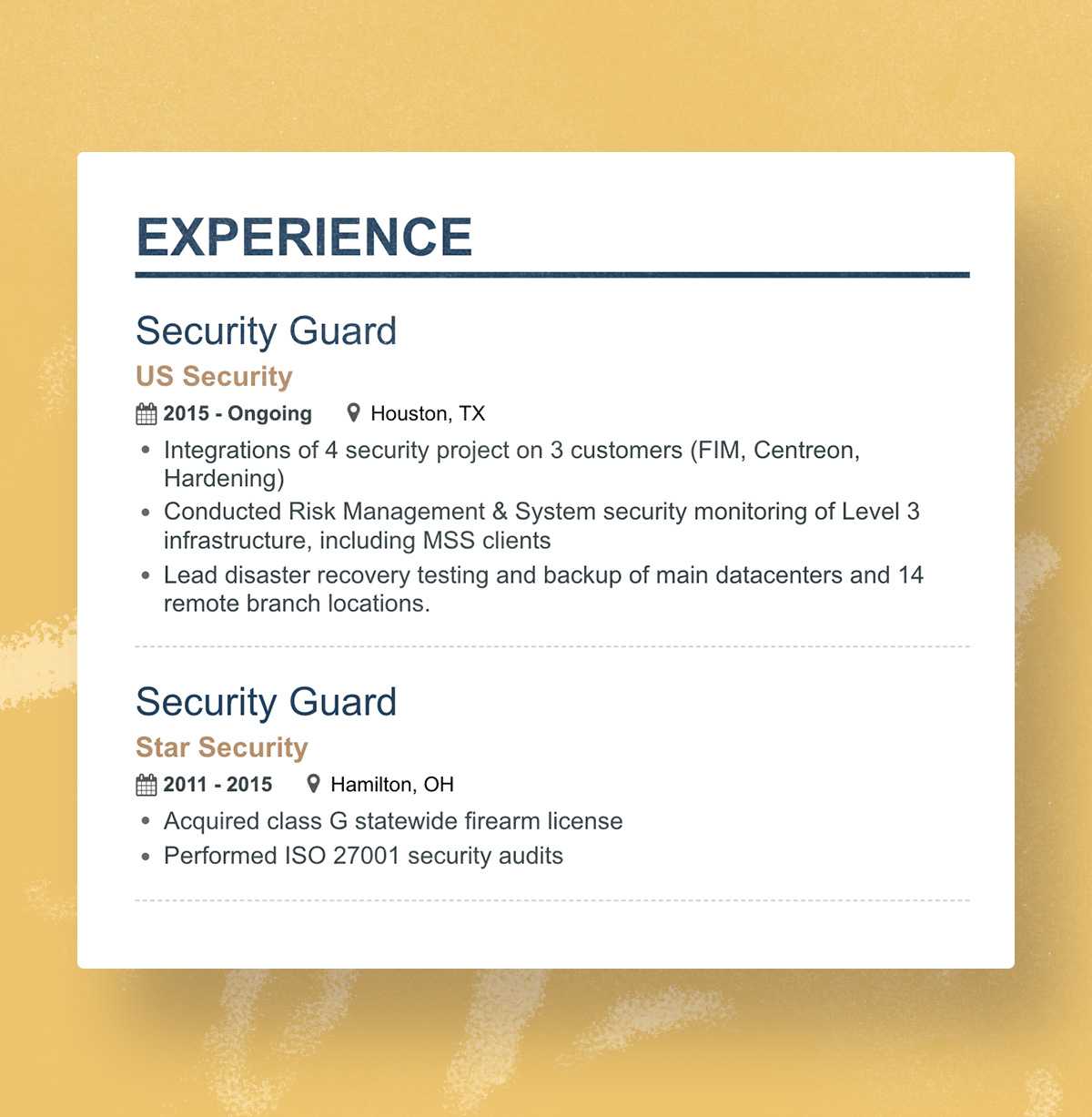 Security Guard Resume Experience