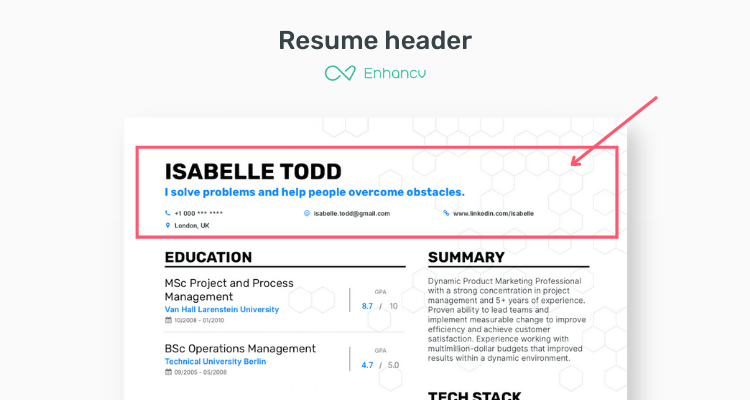 Resume header by Enhancv - image for resume example guides
